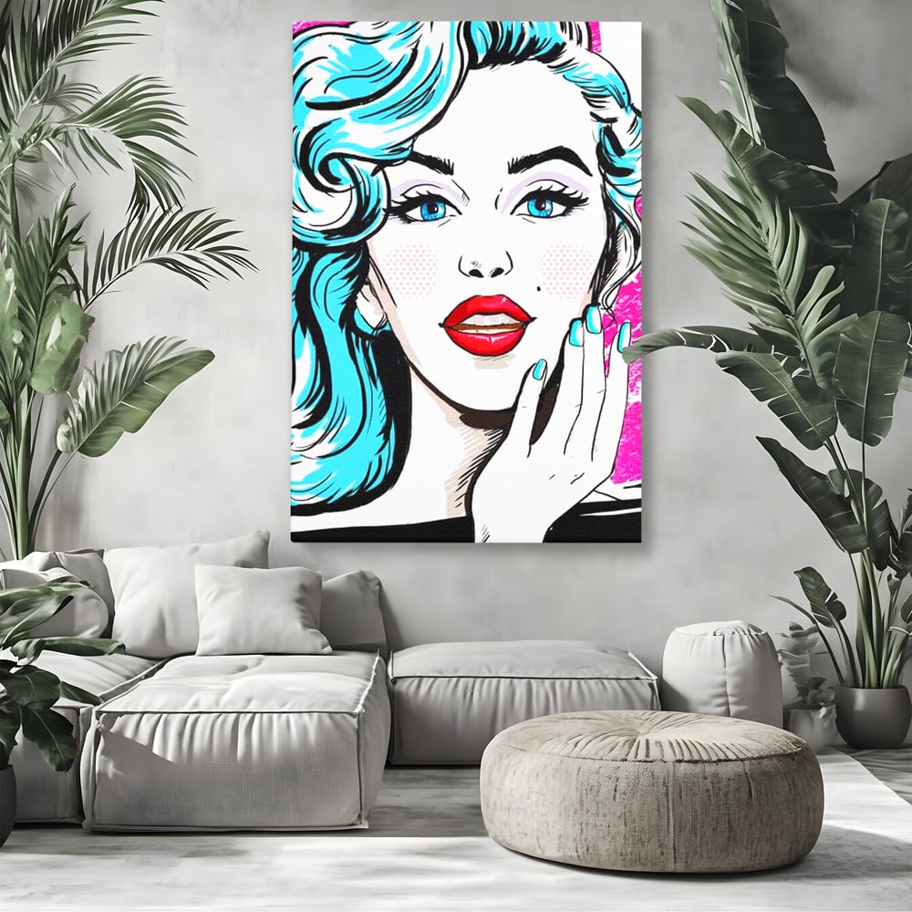 Tablou canvas cu tablou canvas cu femeie pop art, fara rama, pe sasiu de lemn, pe perete intr-un living